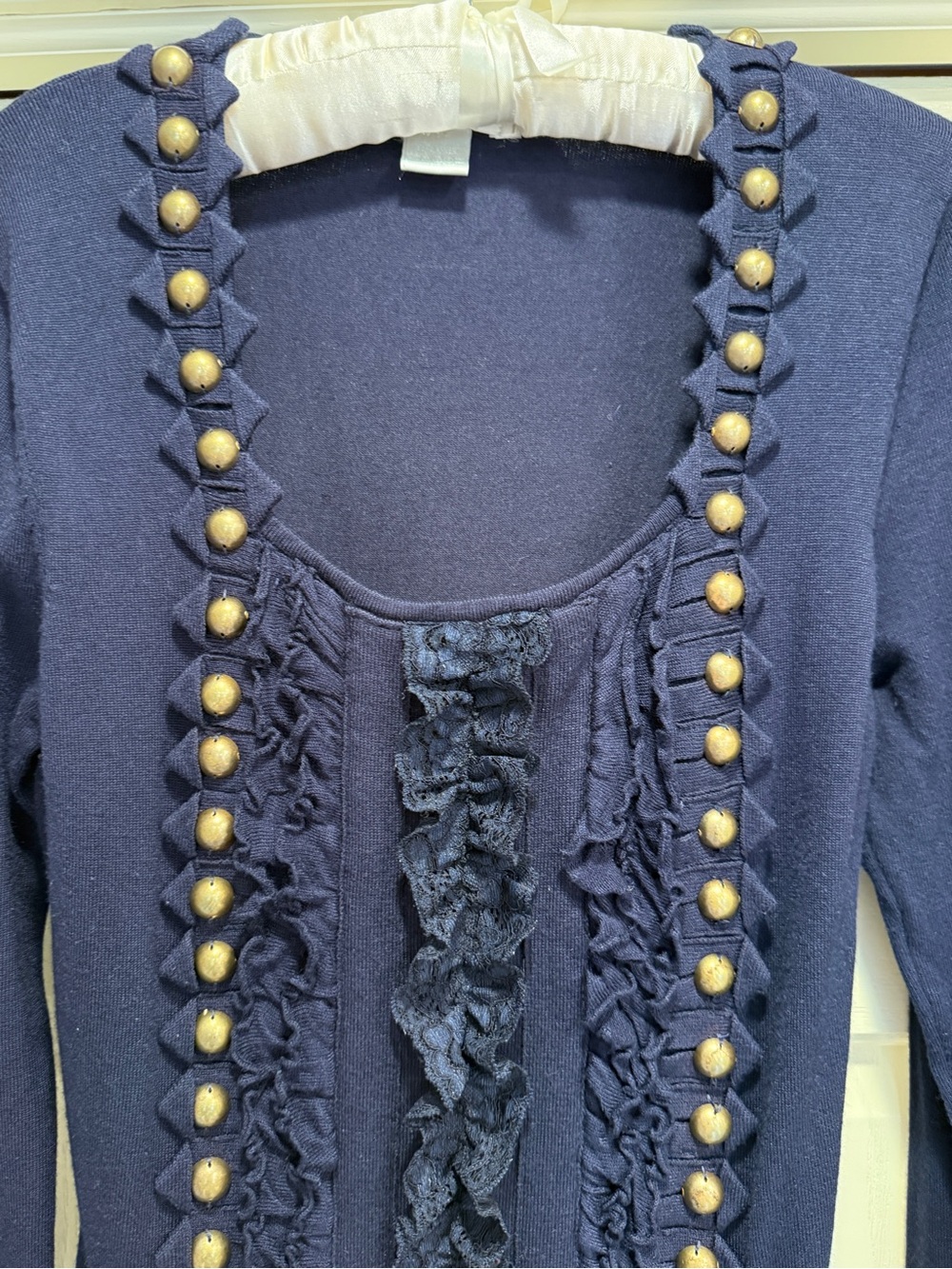 Navy Ruffle Front Sweater with Brass Buttons